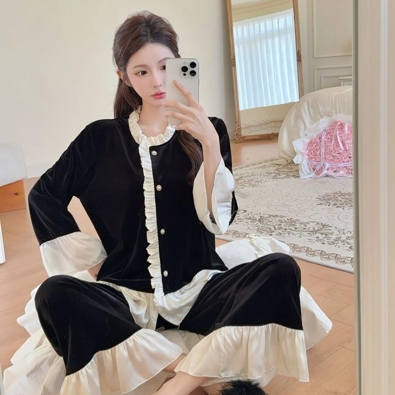 法式轻奢小香风蕾丝公主金丝绒睡衣女气质开衫长袖冬季家居服套装