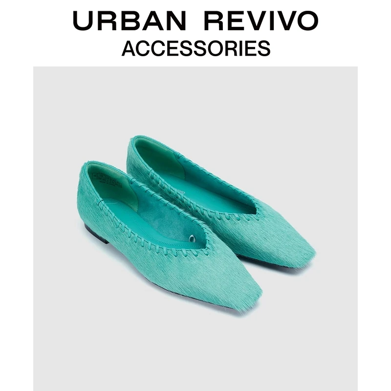 URBAN REVIVO2025秋季新款女士方头马毛真皮单鞋UAWS50107
