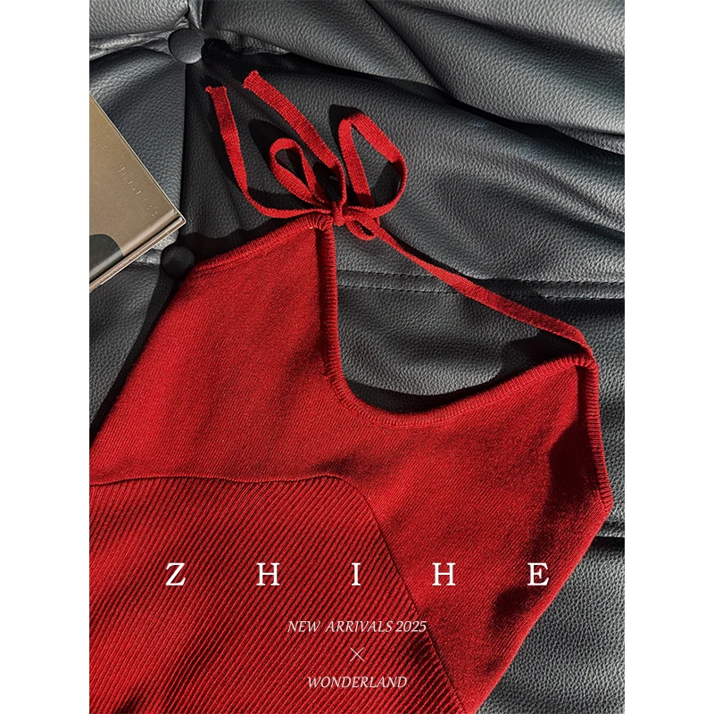 无艳一禾 红色针织挂脖吊带YHSC02530