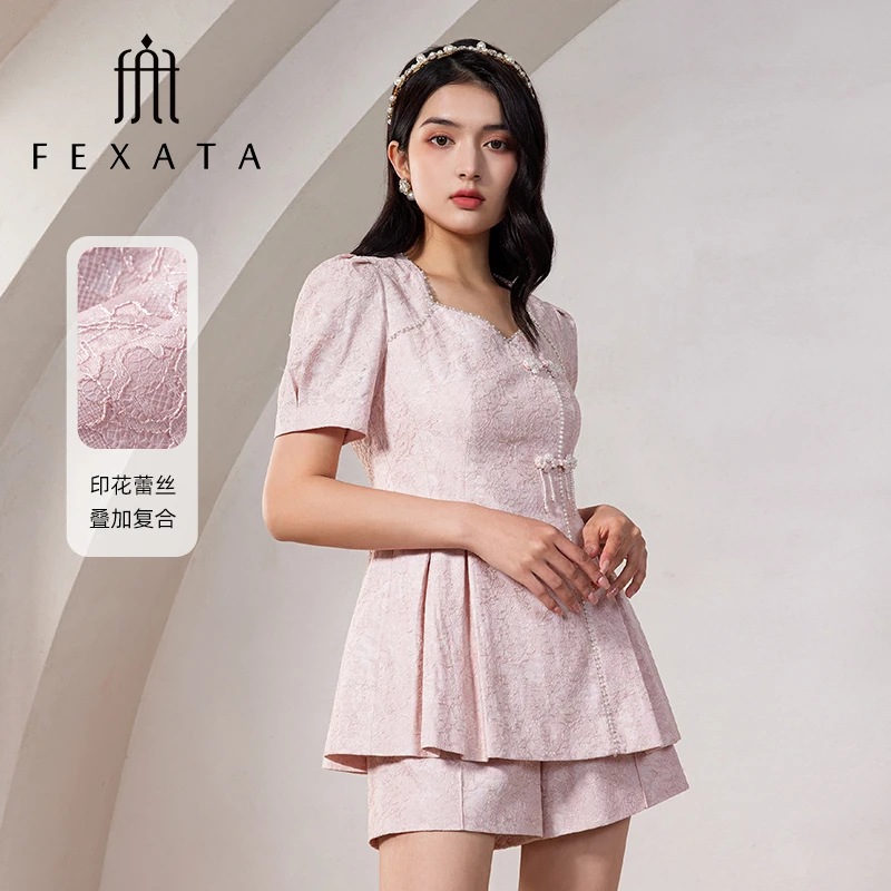 FEXATA斐格思2025夏新品高级感气质提花上衣短裤新中式盘扣两件套