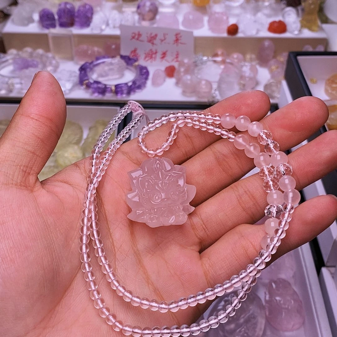水晶颈饰未镶嵌开****咋粉水晶九尾狐 送链子