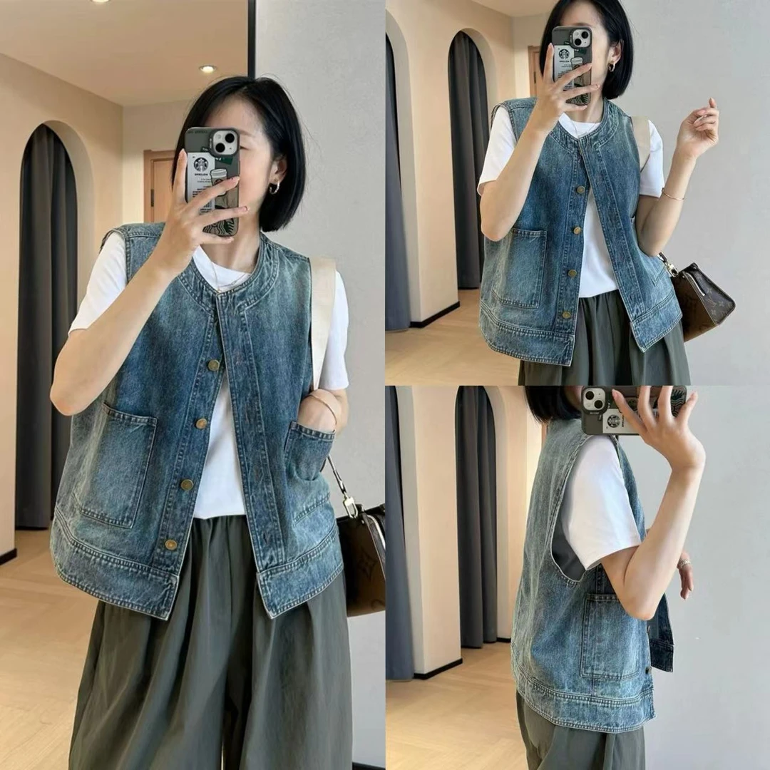 【火蓝家】复古设计感无袖牛仔马甲女2025新款百搭显瘦上衣爆款