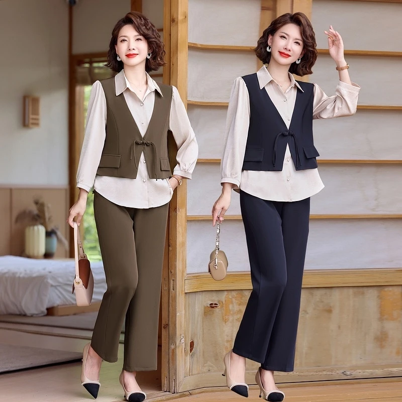 时尚套装女2025春季新款洋气显瘦马甲打底衫妈妈装气质减龄两件套