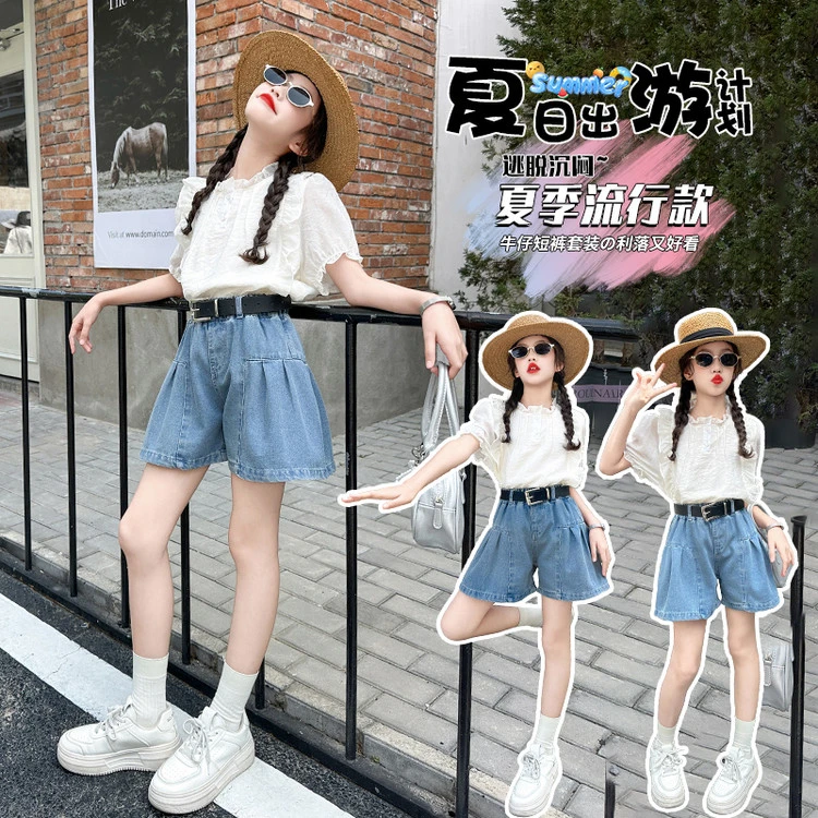 【现货】女童夏装套装25新款洋气衬衫短袖上衣中大童牛仔五分短裤子