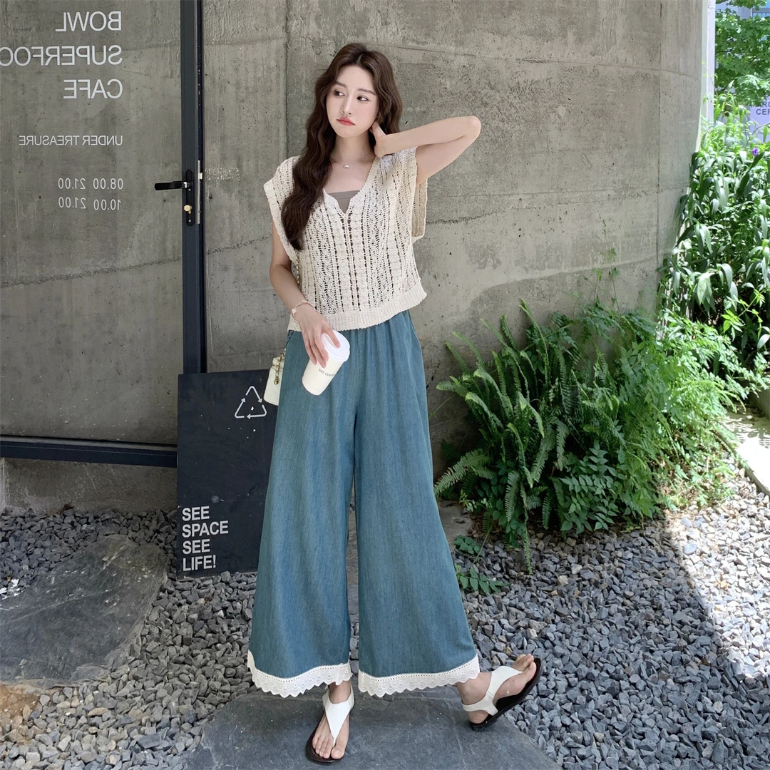 2025夏季时髦新款设计款蕾丝上衣花边拼接休闲阔腿裤氛围感两件套