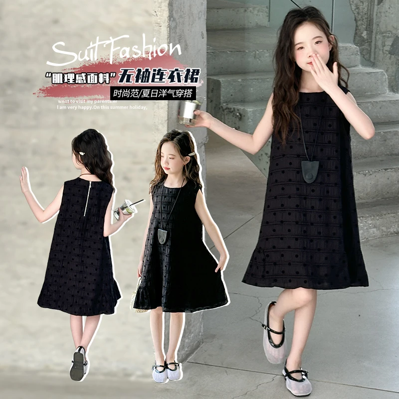 女童无袖连衣裙2025夏季新款儿童法式赫本风波点背心裙女孩小黑裙