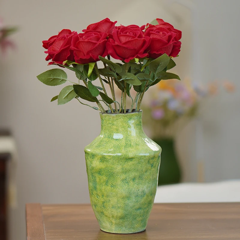 景德镇陶瓷花瓶高级绿色复古手工插花侘寂风花器干花中式禅意摆件