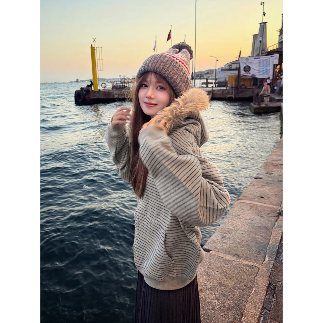 YWBY潮牌女装冬季棉服女加绒加厚保暖外套复古慵懒风毛领棉衣