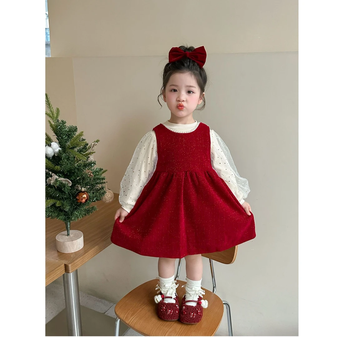 女童宝宝冬季加绒套头打底衫厚款风格冬季套装裙子红色韩版两件套