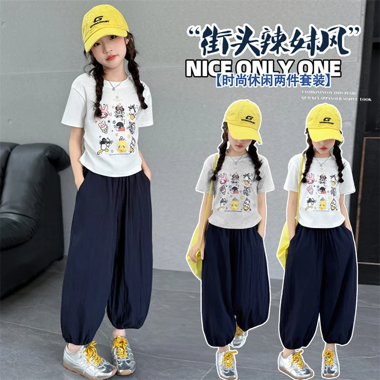 女童夏装套装2025新款夏季休闲印花时尚卡通兔短袖中大童两件套