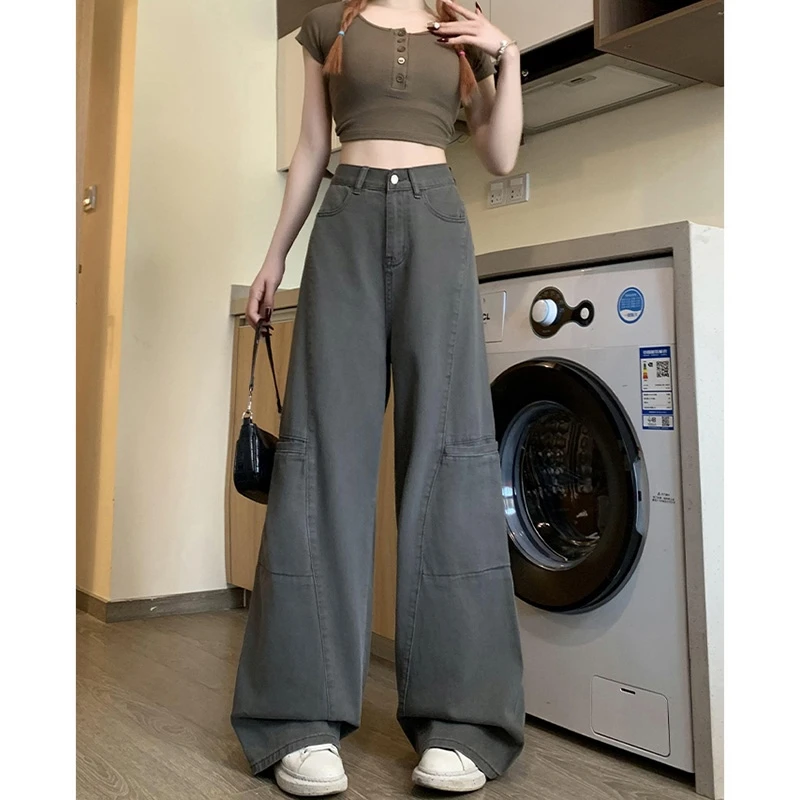 潮流美式工装牛仔裤女春秋季新款高腰宽松直筒休闲阔腿牛仔裤子