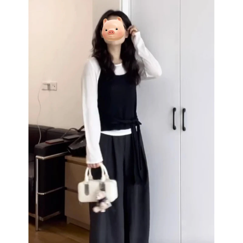 早秋韩系氛围感穿搭一整套小个子修身叠穿吊带打底衫上衣两件套装