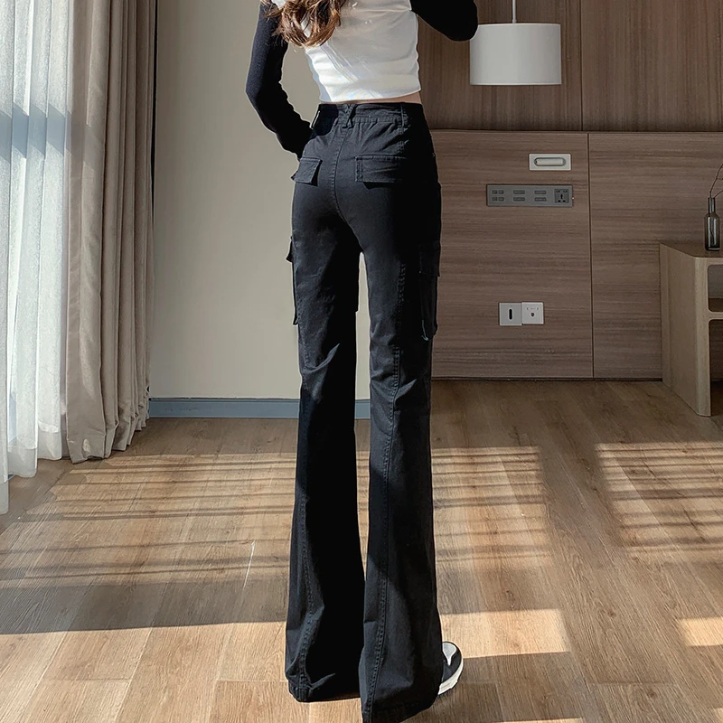 2025秋季黑色微喇工装裤女款高腰显瘦美式高个子加长喇叭裤子