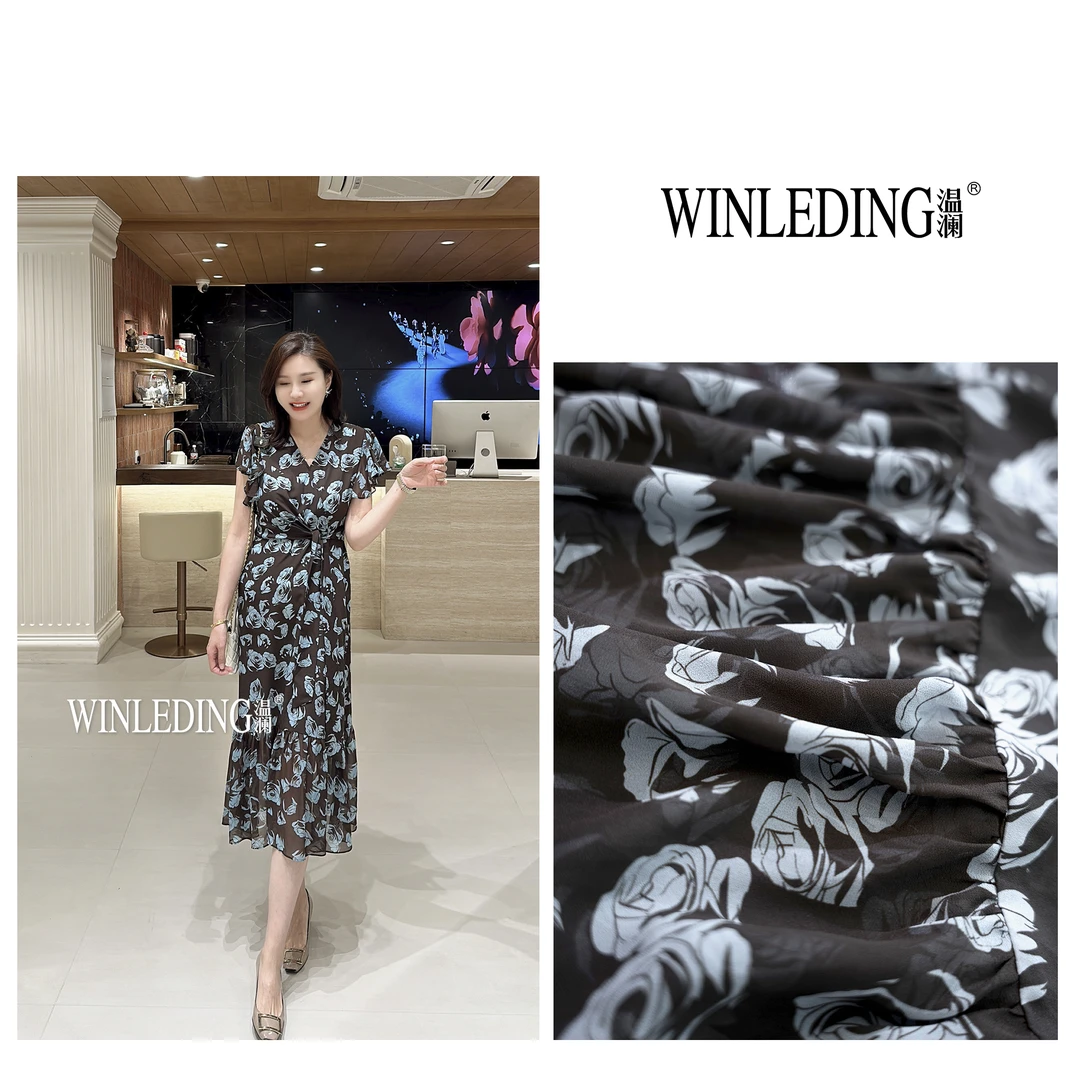 温澜服饰·雅“蓝楹”V领玫瑰系腰连衣裙60901