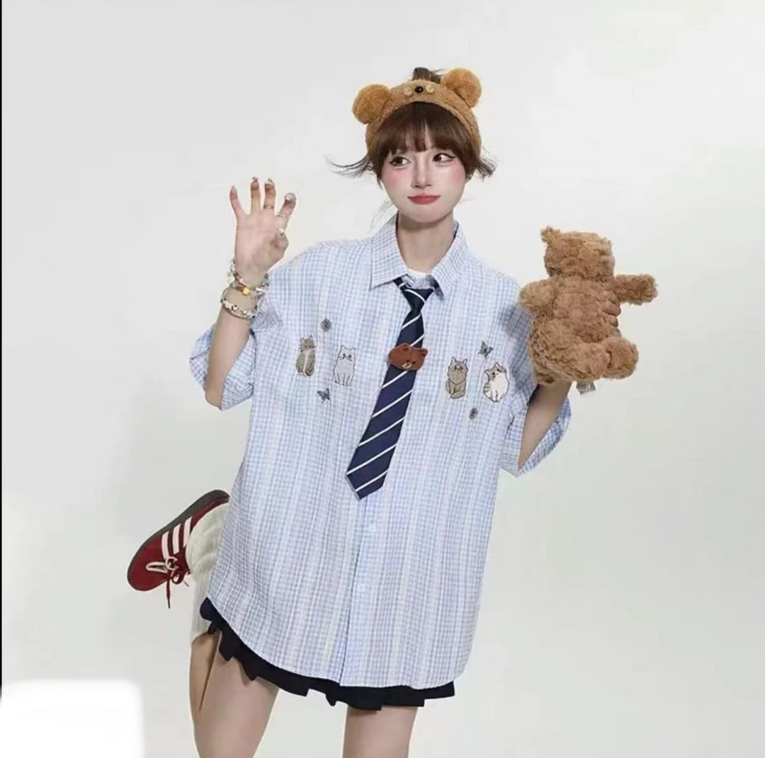 日系猫咪格子polo领带短袖T恤宽松学院风体恤衬衫+短裙百搭