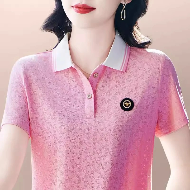 冰丝短袖t恤女夏装新款2025洋气时尚polo衫中年女士有领体恤上衣