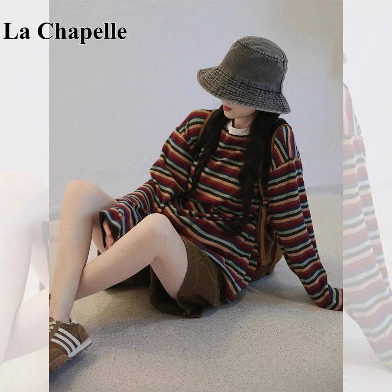 拉夏贝尔美式复古撞色条纹圆领长袖t恤女秋季慵懒松弛超好看上衣
