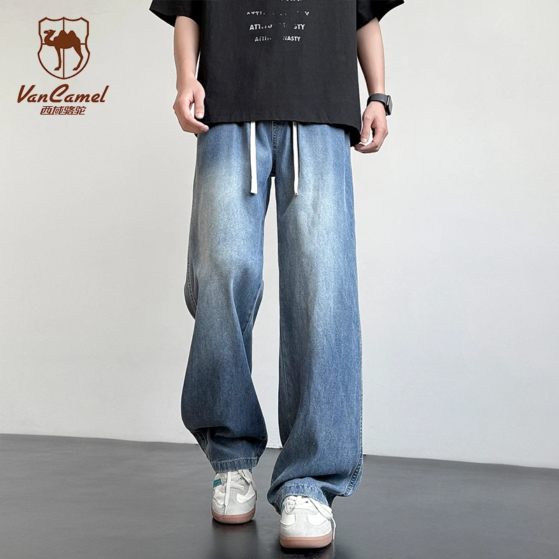 西域骆驼情侣款美式休闲阔腿牛仔裤夏季运动直筒长裤户外百搭裤子