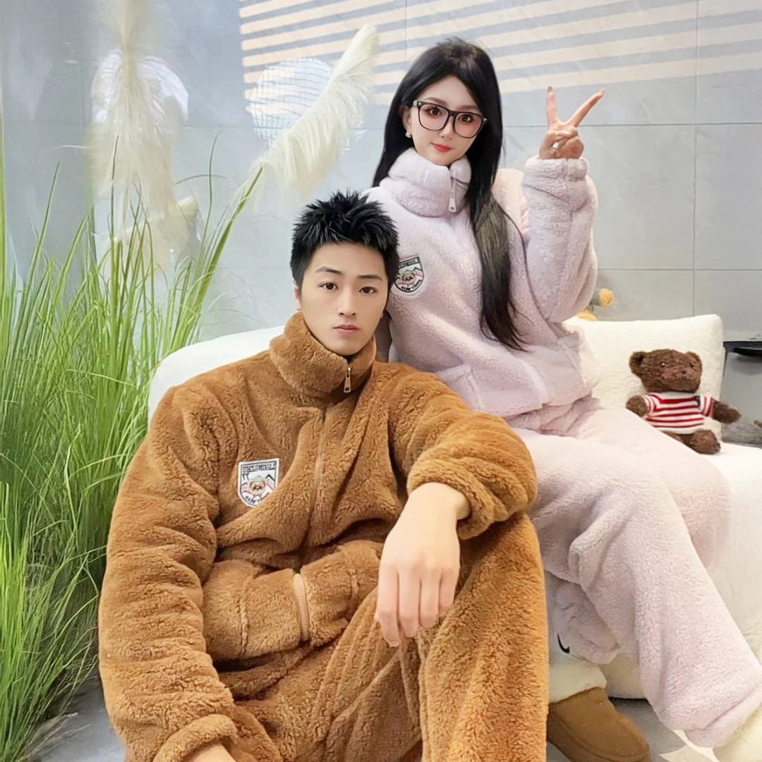 丽宫主冬款加厚简约版情侣款家居服睡衣套装男女同款可外穿