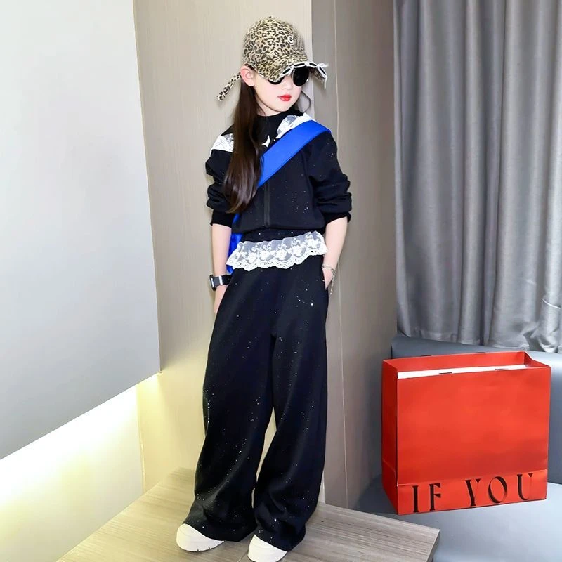 女童秋装套装2025秋季新款洋气时髦中大童春秋蕾丝卫衣卫裤两件套