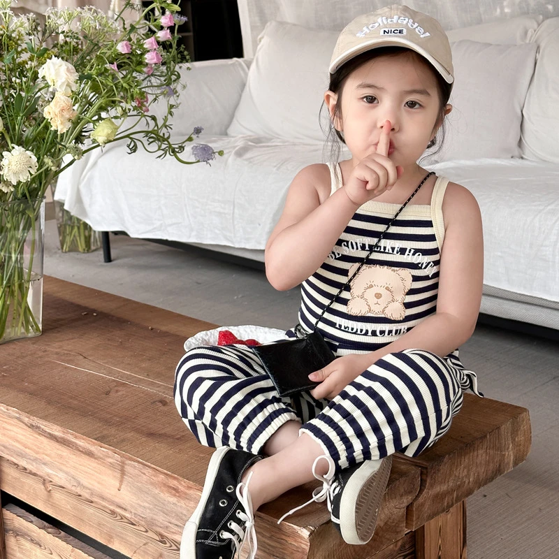 【橘子家】女童夏款卡通熊条纹吊带套装背心阔腿裤两件套HS51178