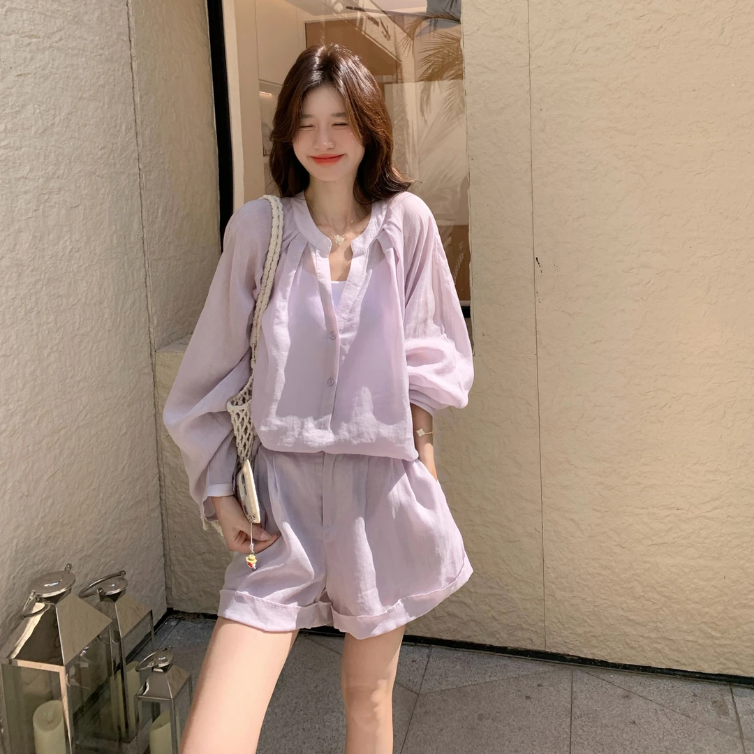 法式休闲浅紫色衬衫短裤套装女夏2025新款小个子两件套爆款高级感