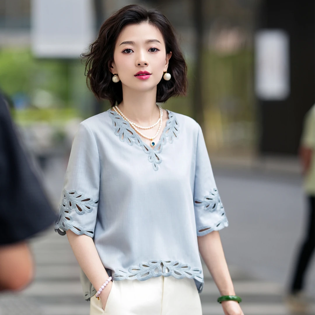 西子/【氧气少女】亚麻兰精天丝V领立体裁剪H型绣花T恤/SYBH1724