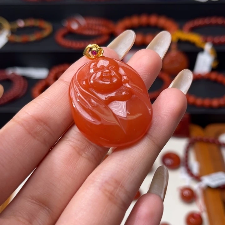 南红玛瑙银S925镶嵌手链精工雕刻弥勒佛樱桃红吊坠