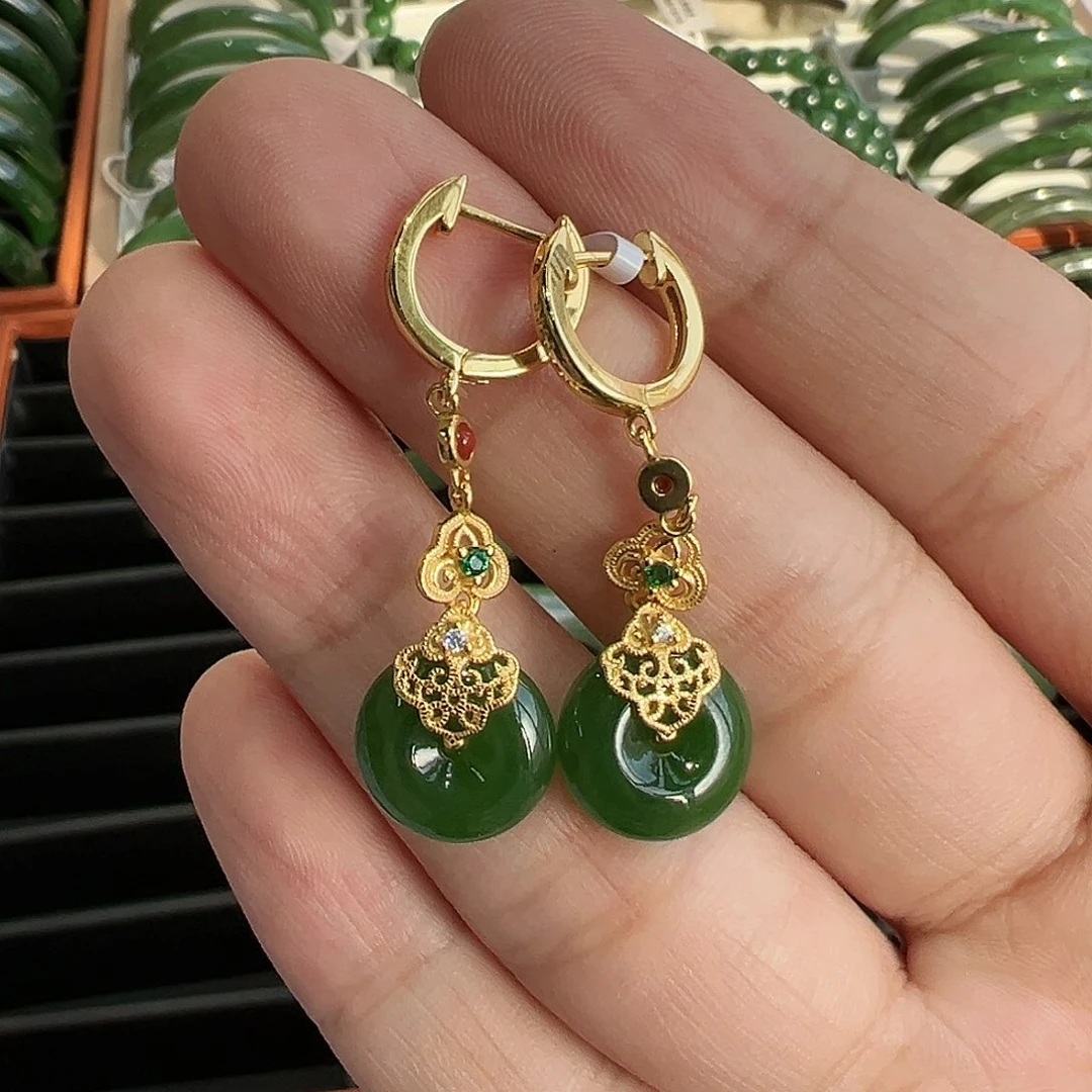 和田玉耳饰银S925镶嵌B0507