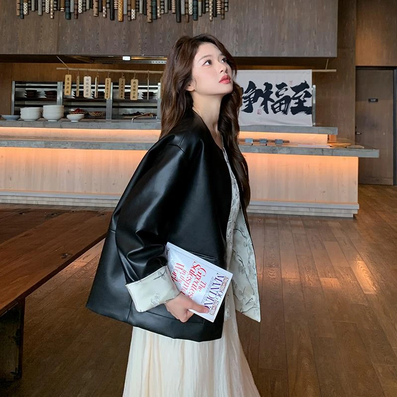 双面穿黑色皮衣外套女春秋2025新款高级感新中式印花拼接pu皮夹克
