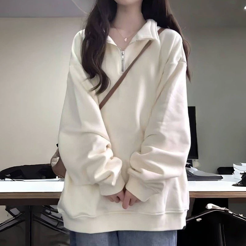 韩系小众别致加绒Polo领卫衣女秋冬季宽松加厚半拉链学生外套上衣