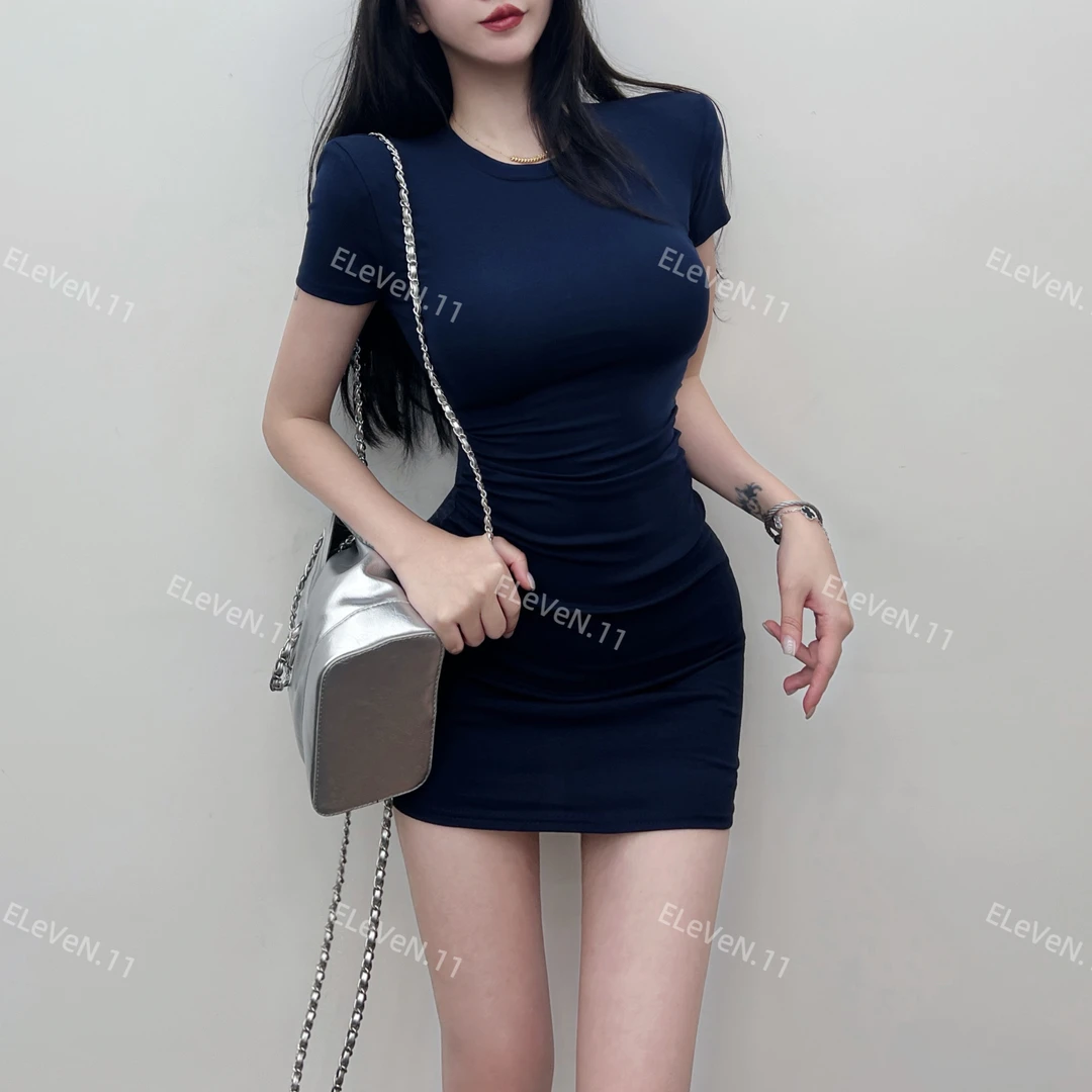 11282-辣妹性感露背系带圆领短袖连衣裙女修身显瘦包臀打底短裙子