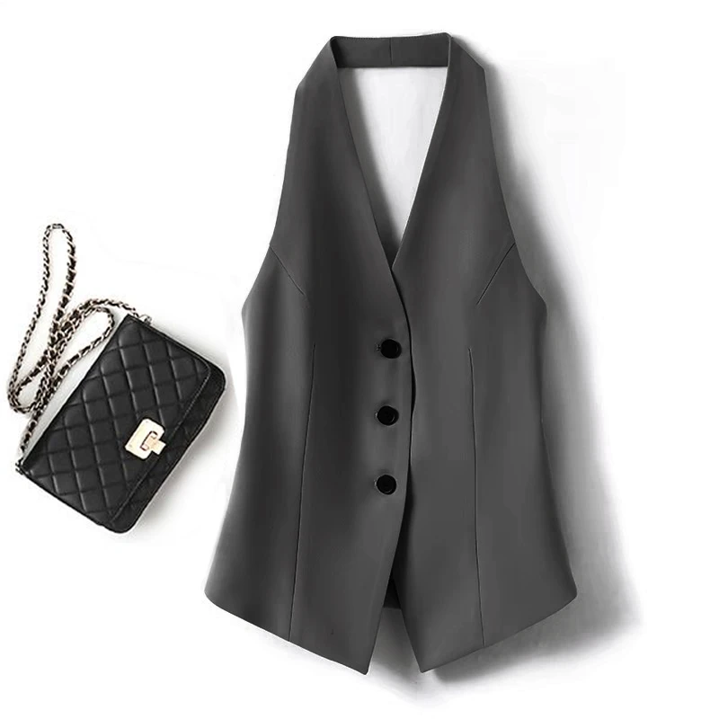 灰色挂脖西装马甲背心女款2026春夏新款设计感显瘦露背气质小坎肩