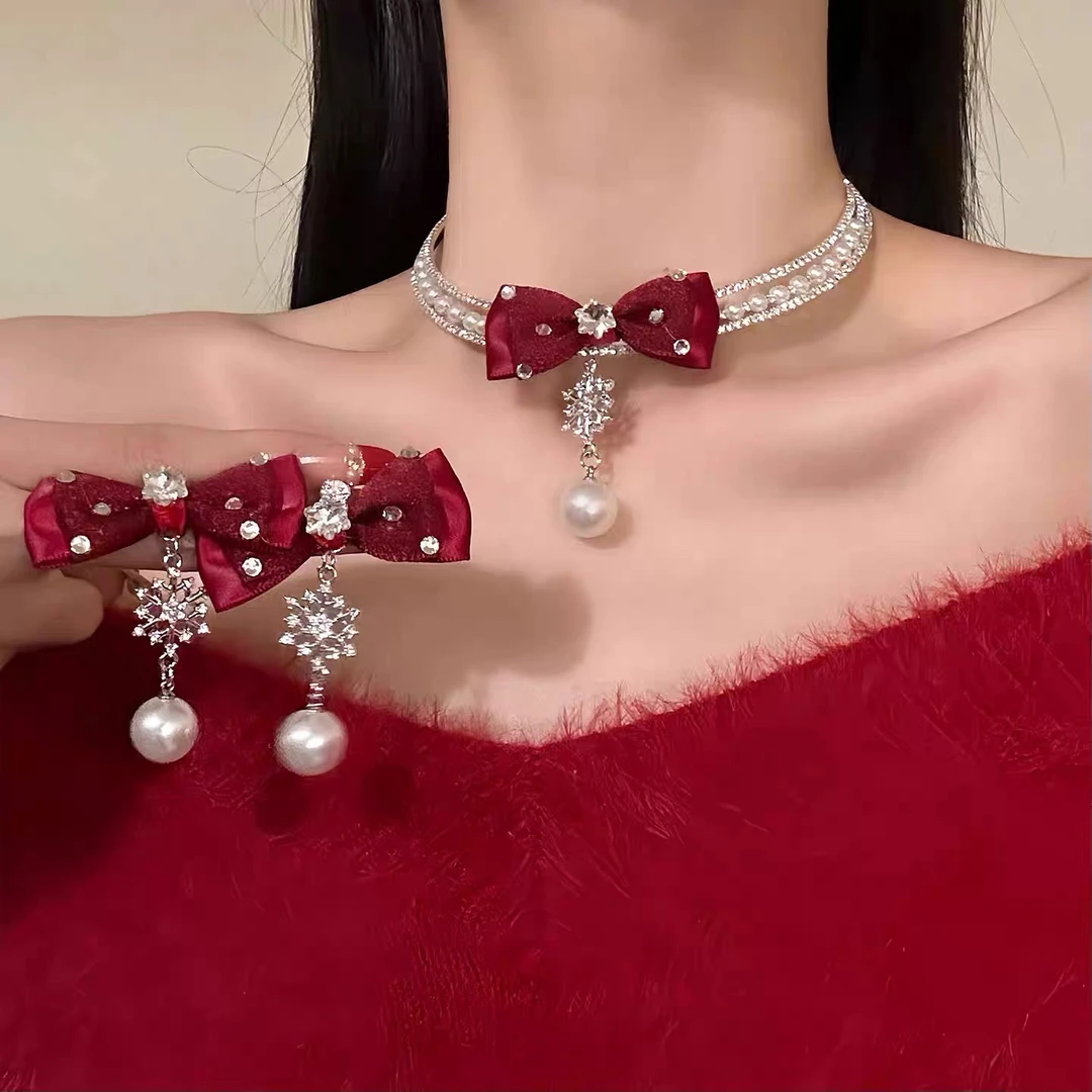 非金属仿珍珠项链 【甜蜜心悸】蝴蝶结闪锆雪花项链甜美圣诞节颈链