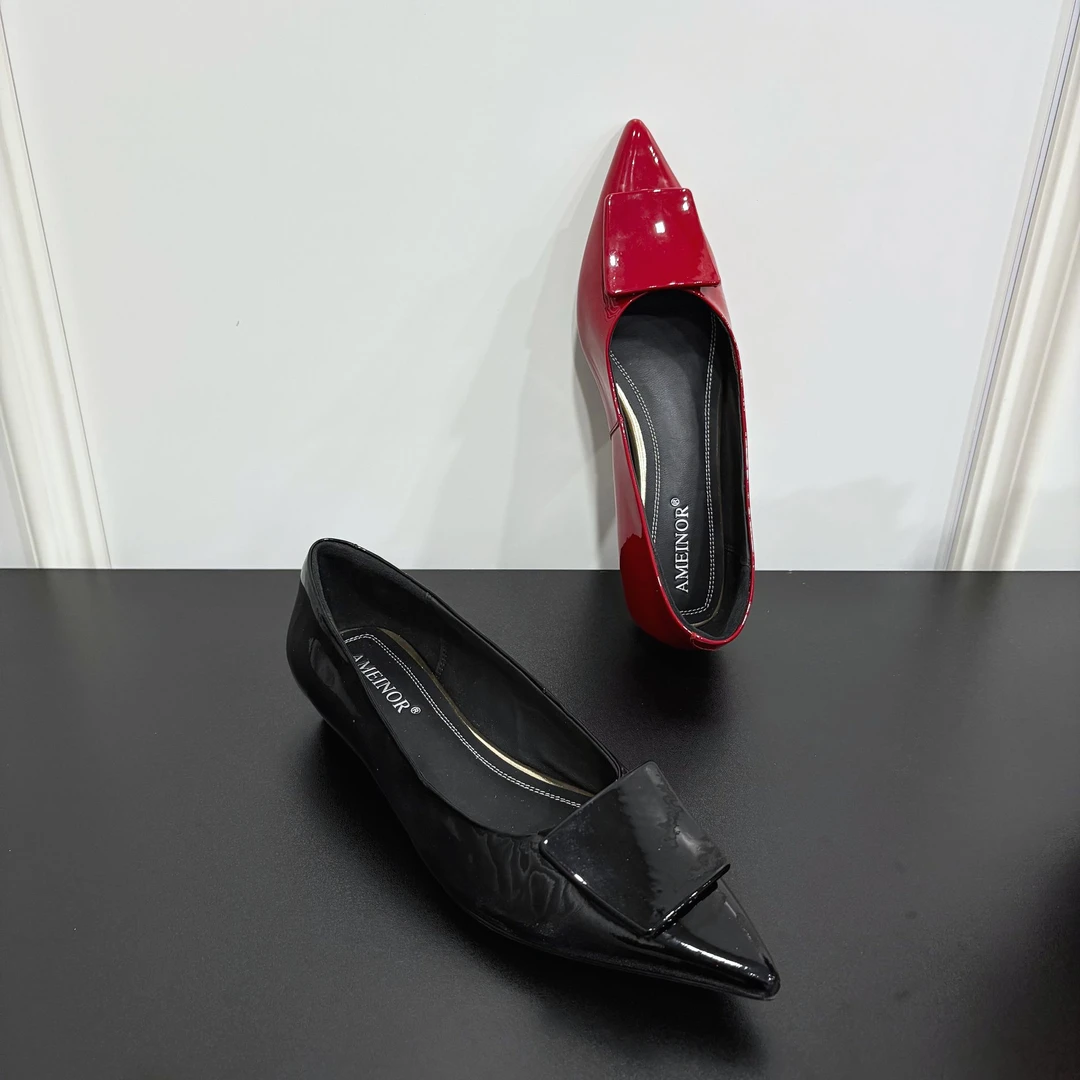 AMEINOR2025秋季新款亮面真皮法式尖头气质红色女士低跟高跟单鞋