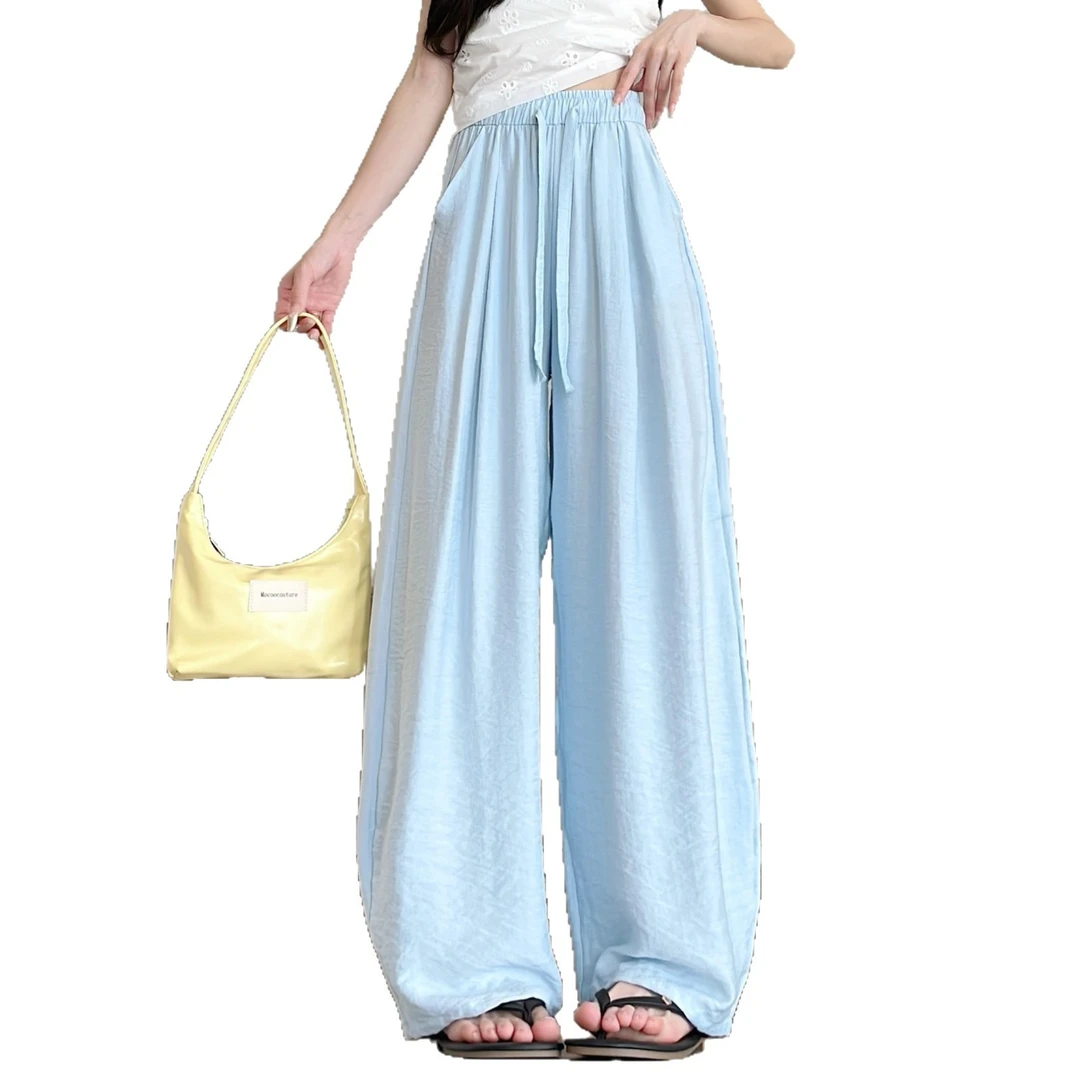 莱赛尔天丝亚麻弯刀阔腿裤2025新款夏季百搭松紧腰简约休闲裤女