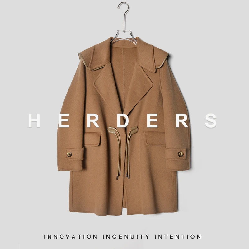 HERDERS 中长款西装领抽绳毛呢外套 250058