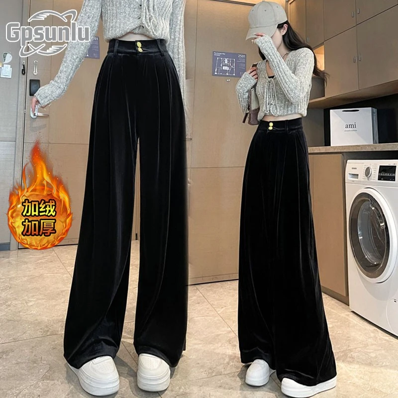 gpsunlu阔腿裤女高级感小香风黑色休闲裤高女士高腰显瘦喇叭裤