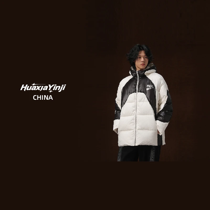 冬季复古拼接棉衣男美拉德撞色印花连帽宽松加厚棉服外套