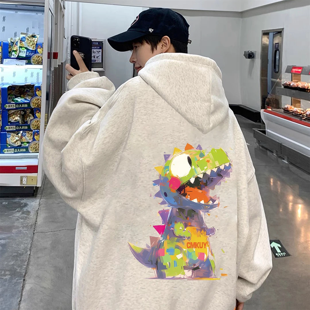 重磅加绒加厚连帽卫衣宽松双层帽高街彩绘恐龙男女同款男装秋冬季