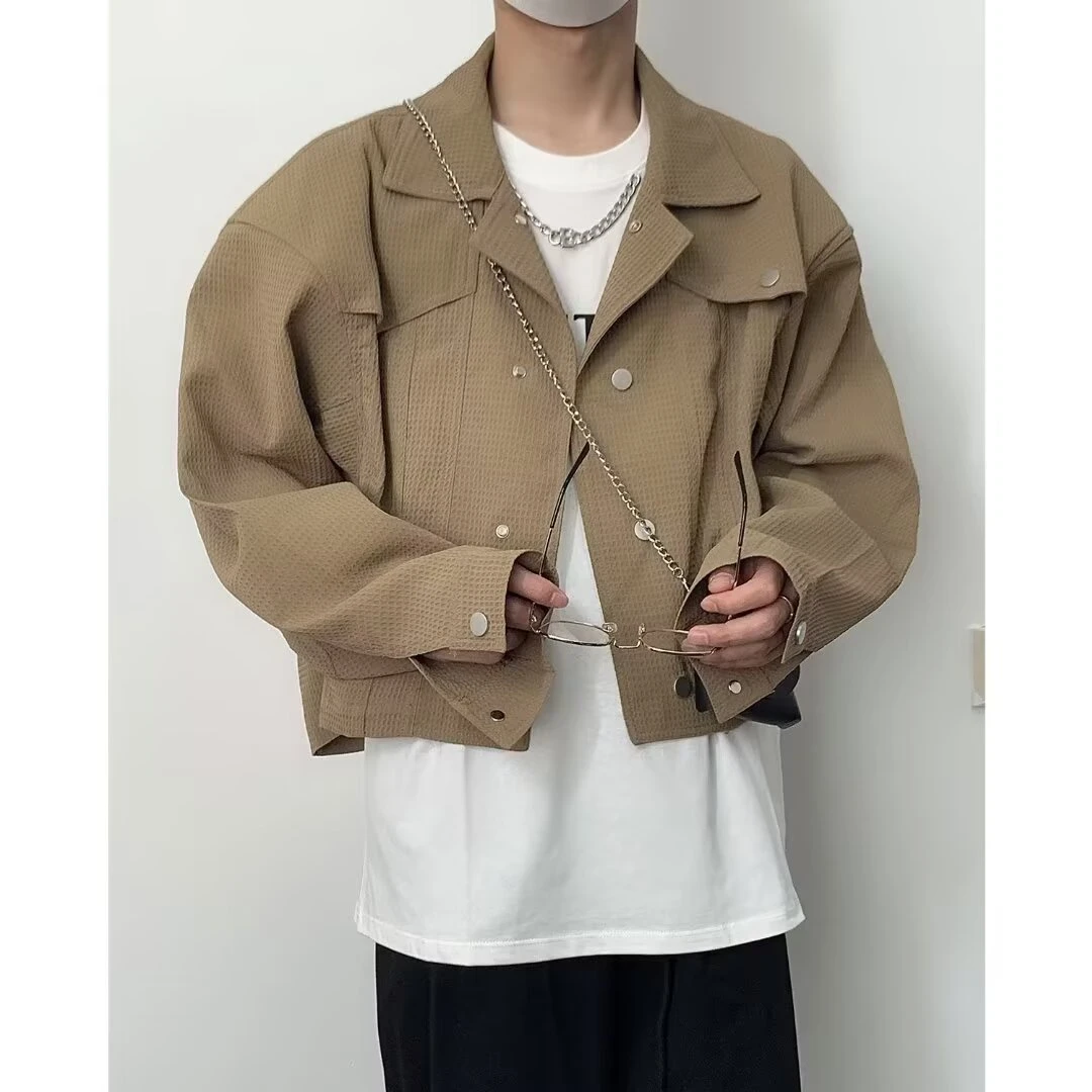 春秋季新款华夫格纯色小短款夹克潮流男韩版宽松翻领时髦长袖外套