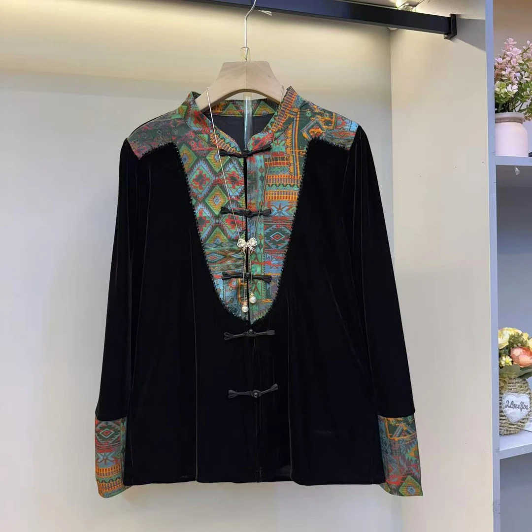 2025复古立领中式女拼接显瘦上衣提花薄款女人衫