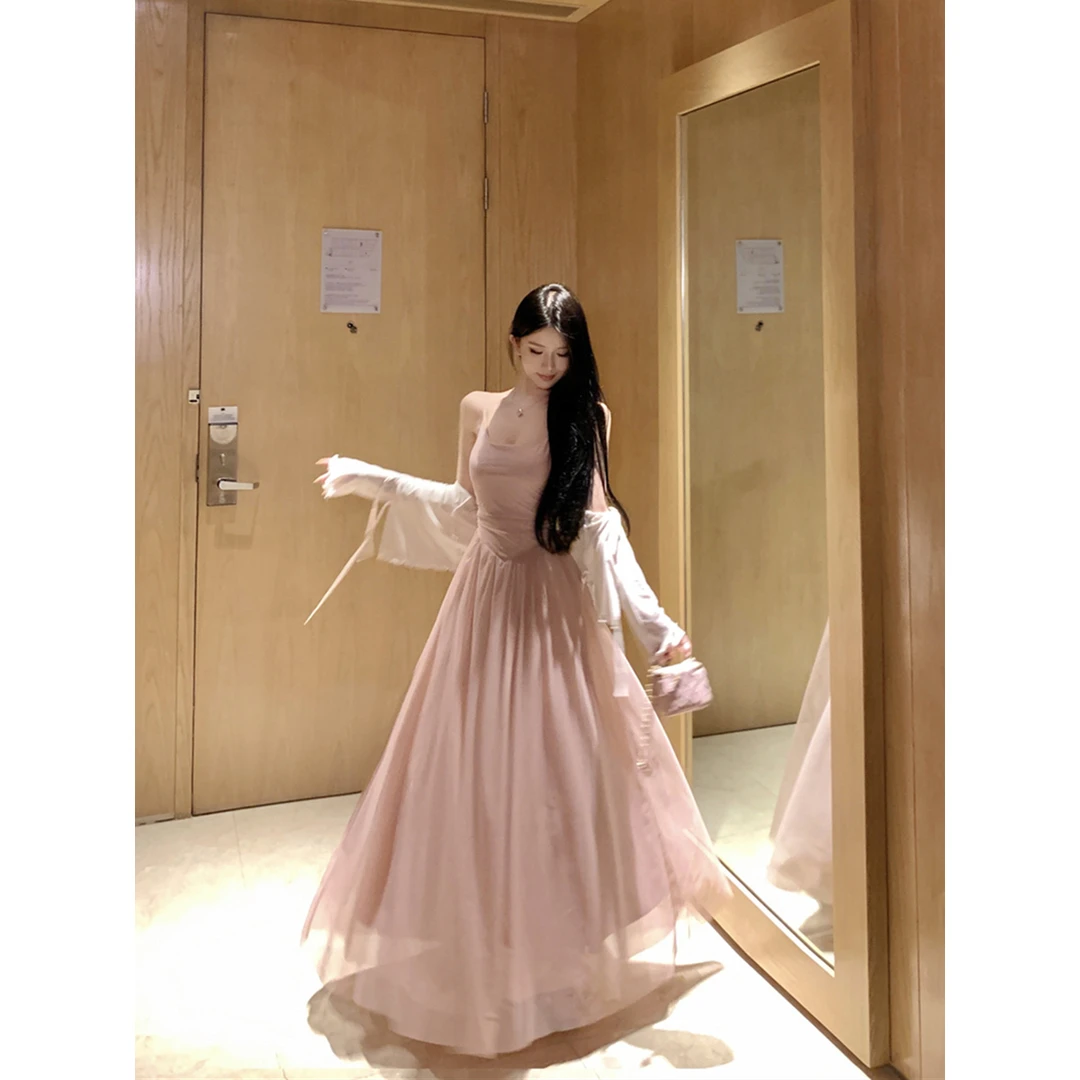 性感温柔风收腰显瘦修身网纱吊带连衣裙长裙+防晒开衫女