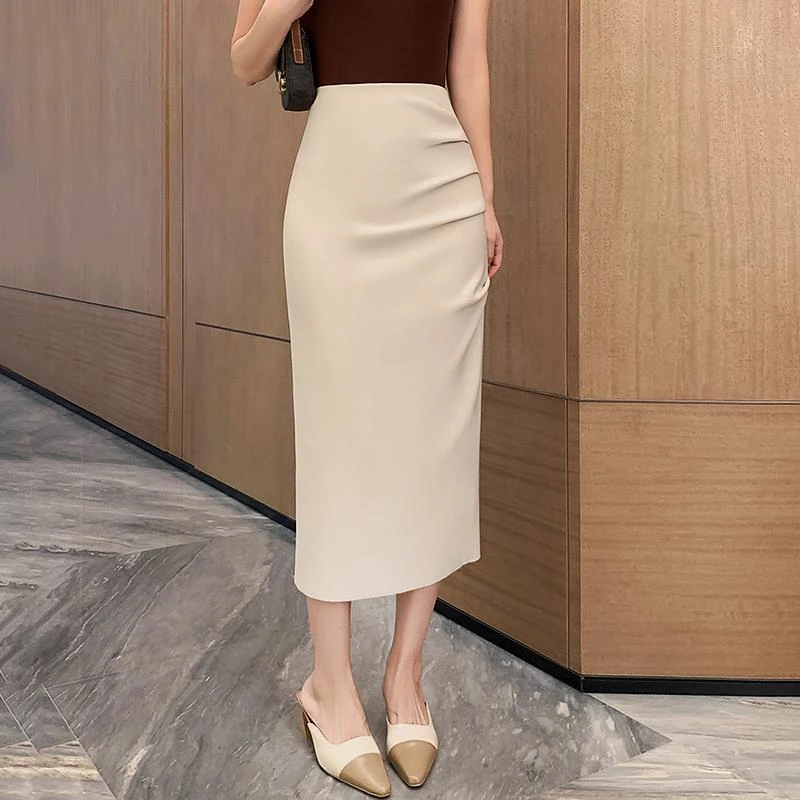 法式褶皱包臀半身裙女夏季2025年气质显瘦高腰一步裙开叉直筒长裙