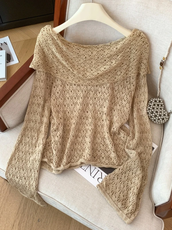 慵懒风镂空一字肩长袖T恤女早秋季新款软糯宽松遮肉显瘦斜领上衣