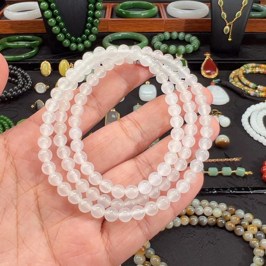 和田玉未镶嵌颈饰高冰白玻璃底过灯6mm108珠串