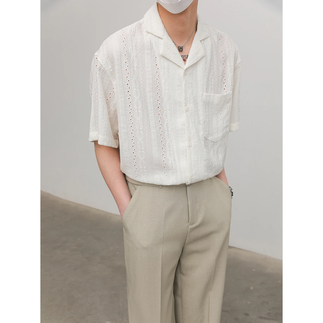 卓卓韩国轻奢高级感镂空短袖衬衫男士夏季肌理感上衣宽松半袖衬衣