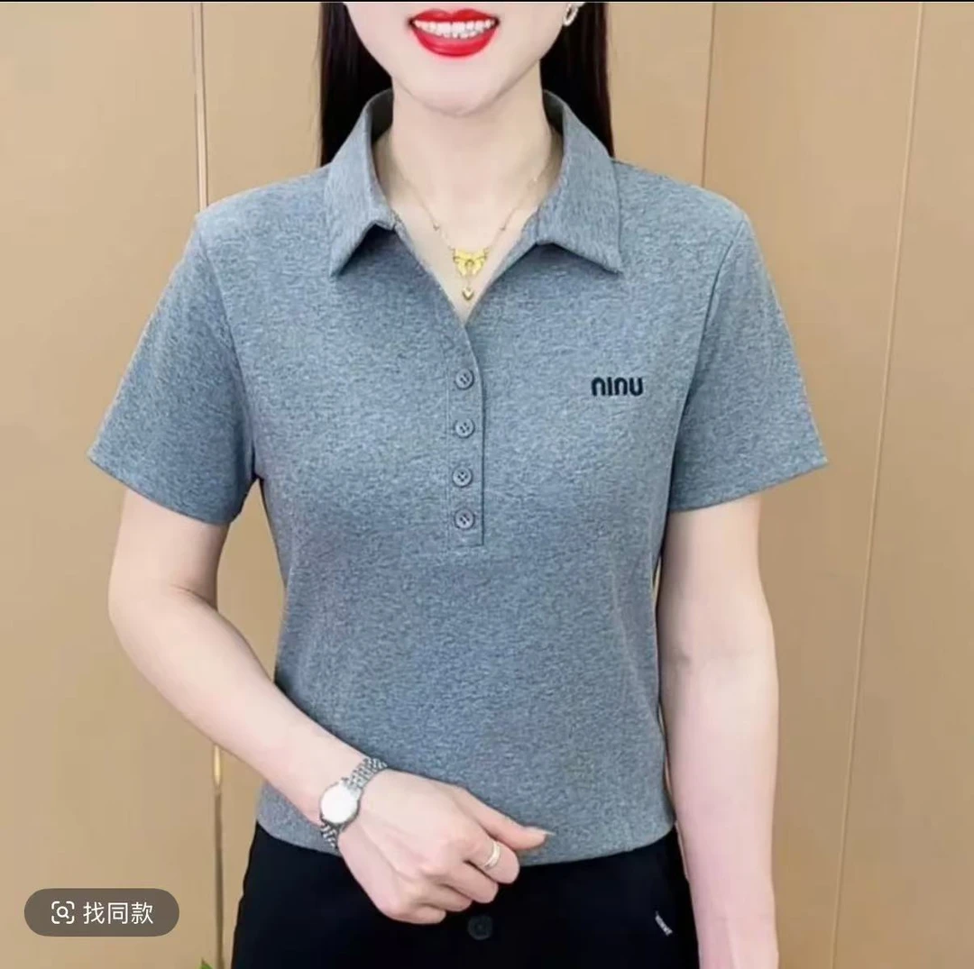 夏季时尚修身翻领女士百搭纯色T恤薄款减龄短袖上衣女