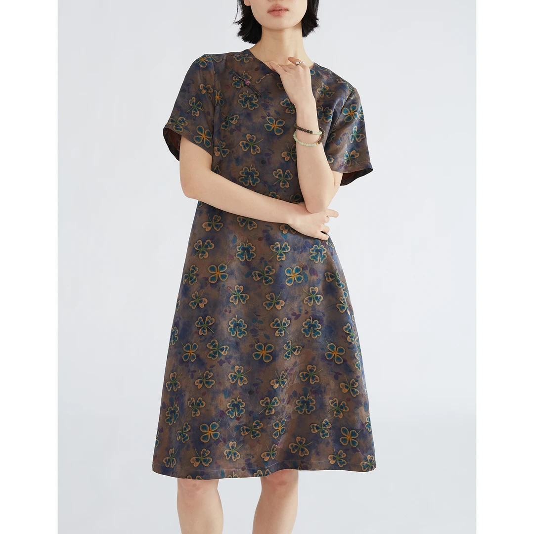 真丝香云纱提花花萝国风连衣裙女100%桑蚕丝短袖宽松A字裙LQD005