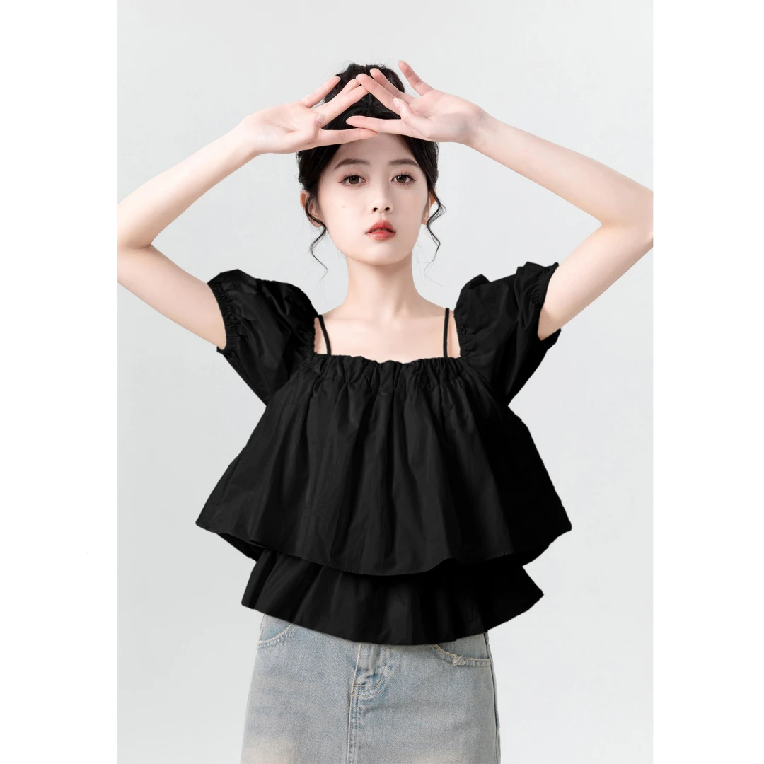 荷叶边泡泡袖衬衫女夏季2025新款设计感雪纺短袖娃娃衫一字肩上衣